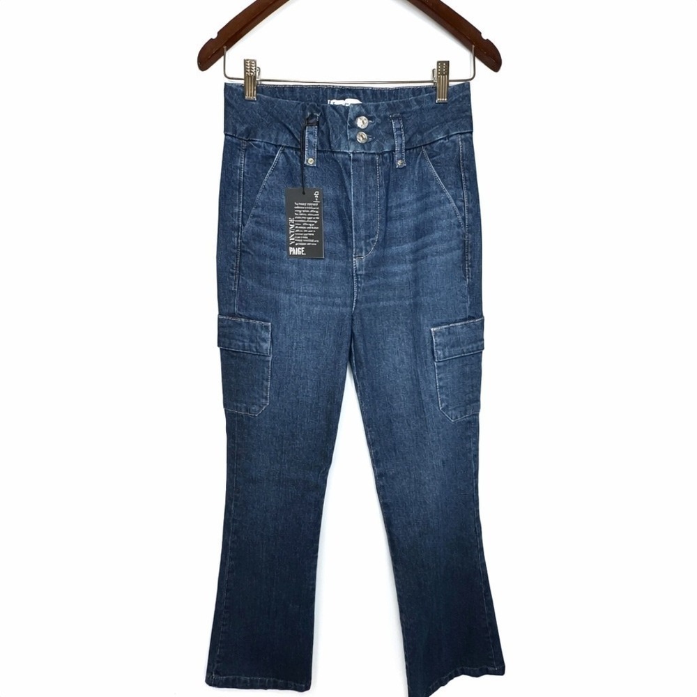 PAIGE Dion Cargo Pockets Gracie Lou Flare Jeans Sz 26 High Rise Dark Wash NWT - Picture 2 of 15